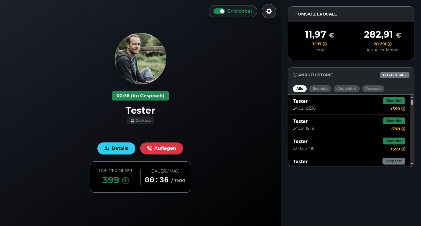 EroCall Creator-Dashboard – Live-Gespräch, Umsatz-Übersicht und Anruf-Historie